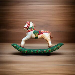 Christmas Rocking Horse Decoration Stuffed Fabric Holly Holiday Decor Vintage